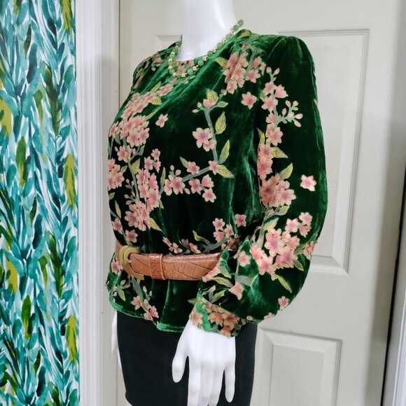 JOA Just One Answer Burn Out Velvet Blouse Top Emerald Floral Women's Size S - Picture 6 of 15